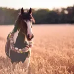 Welsh Cob Pony steht mit einem Blumenkranz in einem Feld